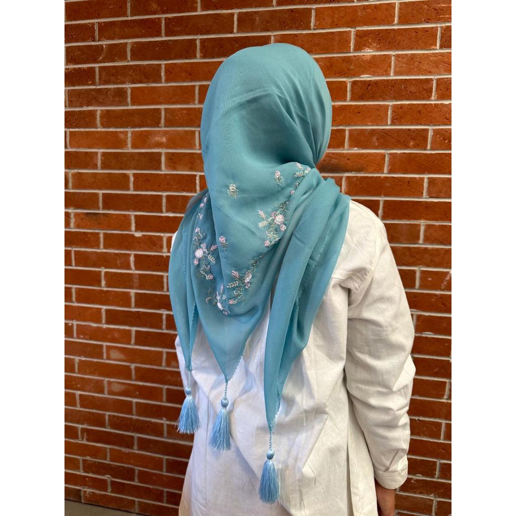 Classy Mint Green Floral Printed Long Soft Imported Summer Friendly Tassel Hijab / Orna