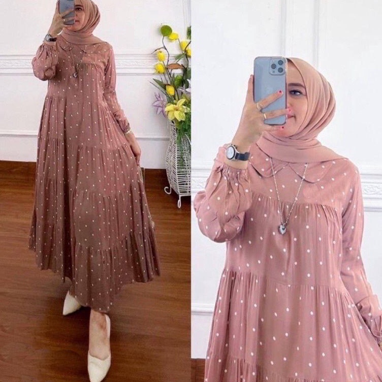 Only At Shopee Gamis Women Jumbo Rayon Midi Dress Muslim Polkadot Motif ...