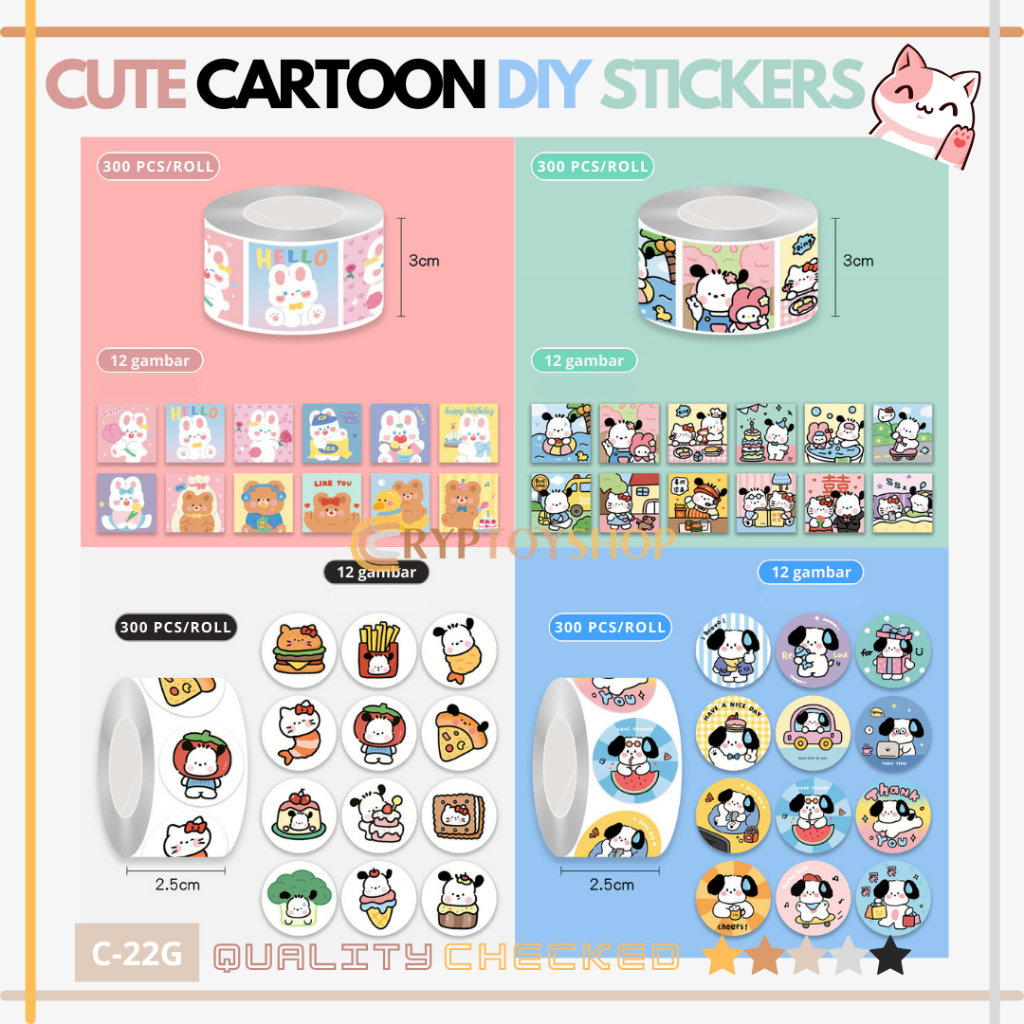CRYPTOYSHOP CUTE CARTOON DIY BUNNY DOG STICKERS 300PCS/ROLL CUTE DOG ...