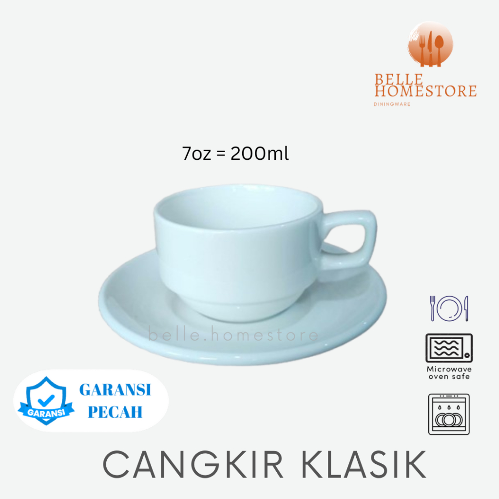 PUTIH Coffee cup set White Ceramic stackable tea cup saucer 200ml ...