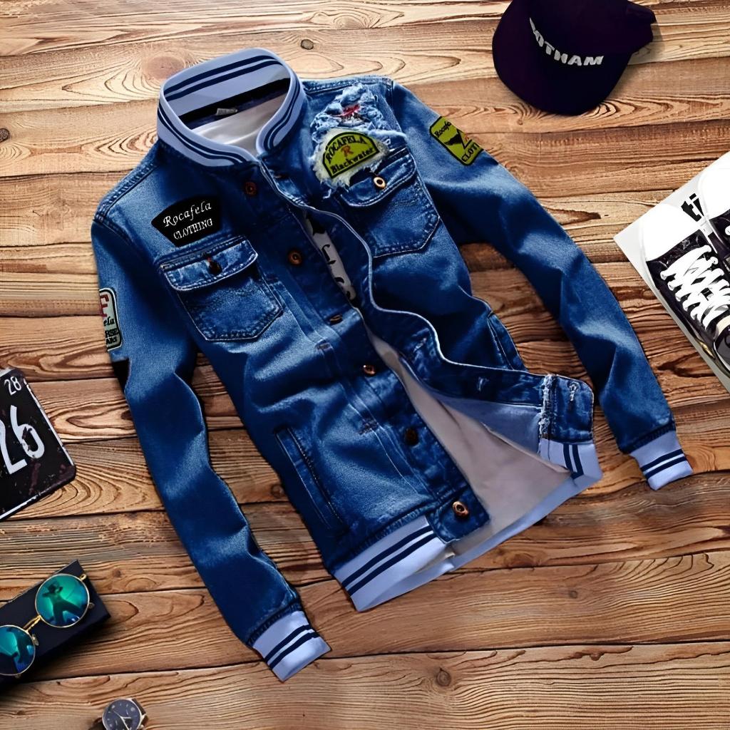 Embroidered Logo Jeans Bomber Jacket Denim Jacket Men's Distro Casual ...