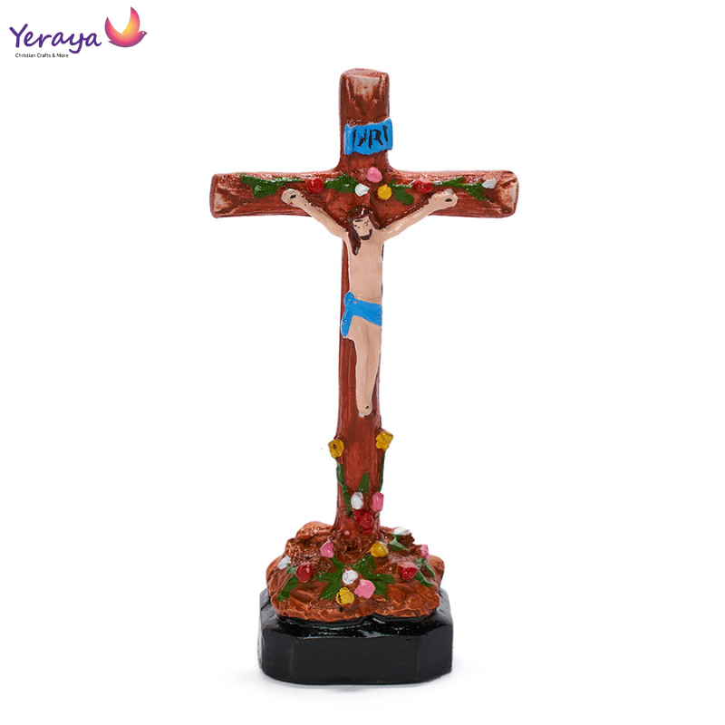 Mini Fiber Catholic Sitting Cross Flower Leaves 11cm Display of Jesus ...