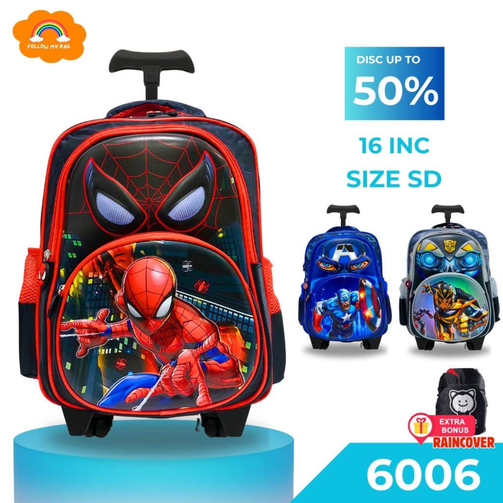Fmb Trolley for Boys School 3D Printed Character Push Suitcase Bag for ...