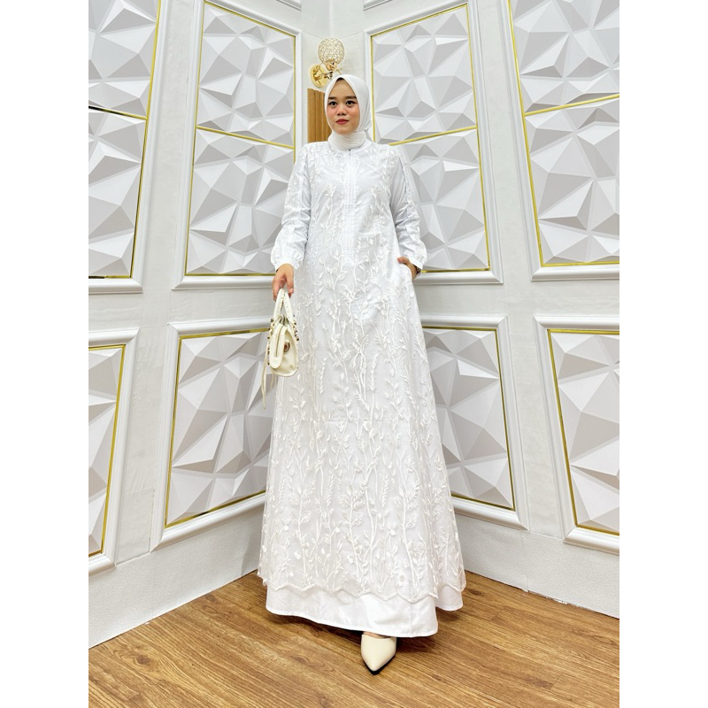KATUN White Maxy Abaya with Embroidery Combination, Cotton Twill ...