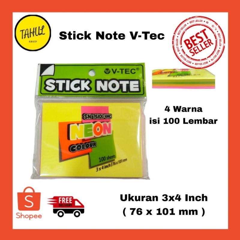 Stick Note V-TEC SN 76101/4MC Sticky/ VTECNotes 4 Colors, 100 Sheets ...
