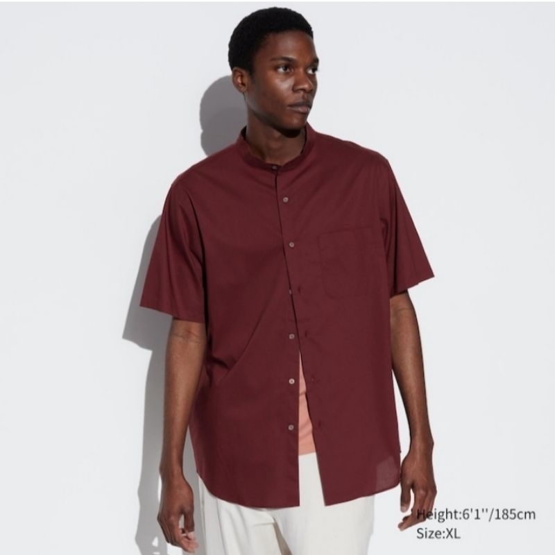 KATUN KEMEJA Men UNIQLO Short Sleeve Stand Collar Modal Cotton Shirt Shopee Malaysia