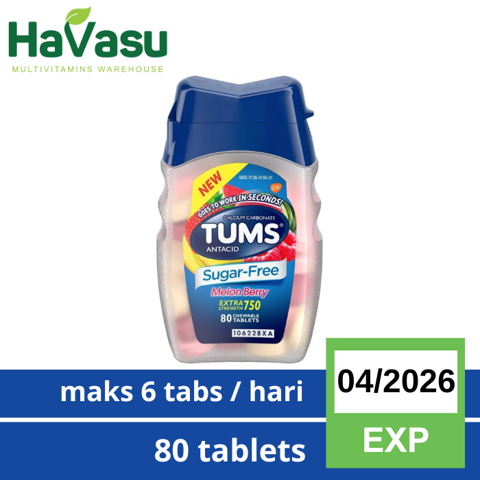 Tums Antacid Sugar Free Extra Strength 750 Antacid Melon Berry 80 Tabs