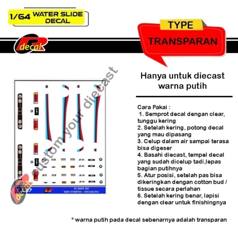 T237 Transparent Hotwheels Decal 1/64 92 bmw M3 Side Stripes detailing ...