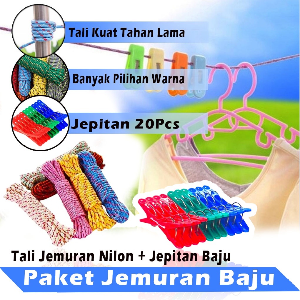 GANTUNGAN Clothesline Package Nylon Rope Mine Rope+Clothespin ...