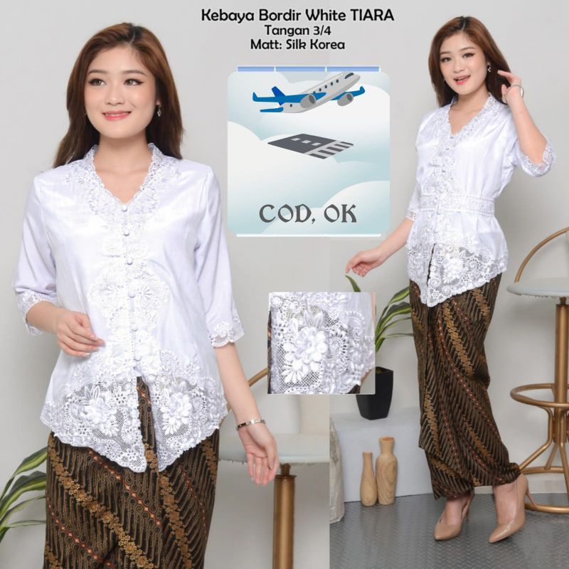 PUTIH Kebaya White Brocade Top With Sleeves 3/4 | Shopee Malaysia