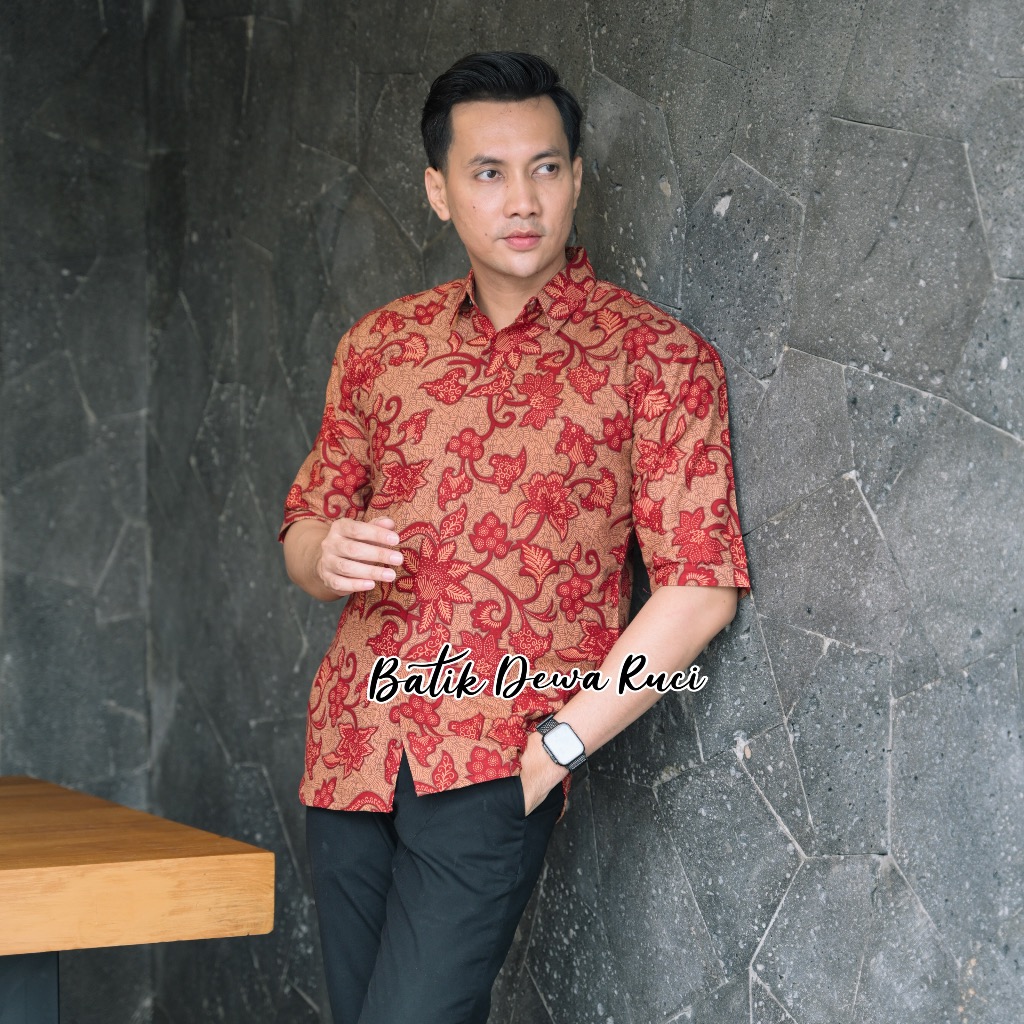 MERAH KATUN Men's Batik JODIPATI Red Short Full Tricot Fine Cotton ...