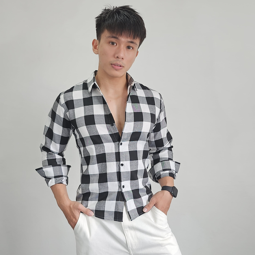 KEMEJA Yuzhong:black N WHITE PLAID SHIRT LONG SLEEVE/ Men's