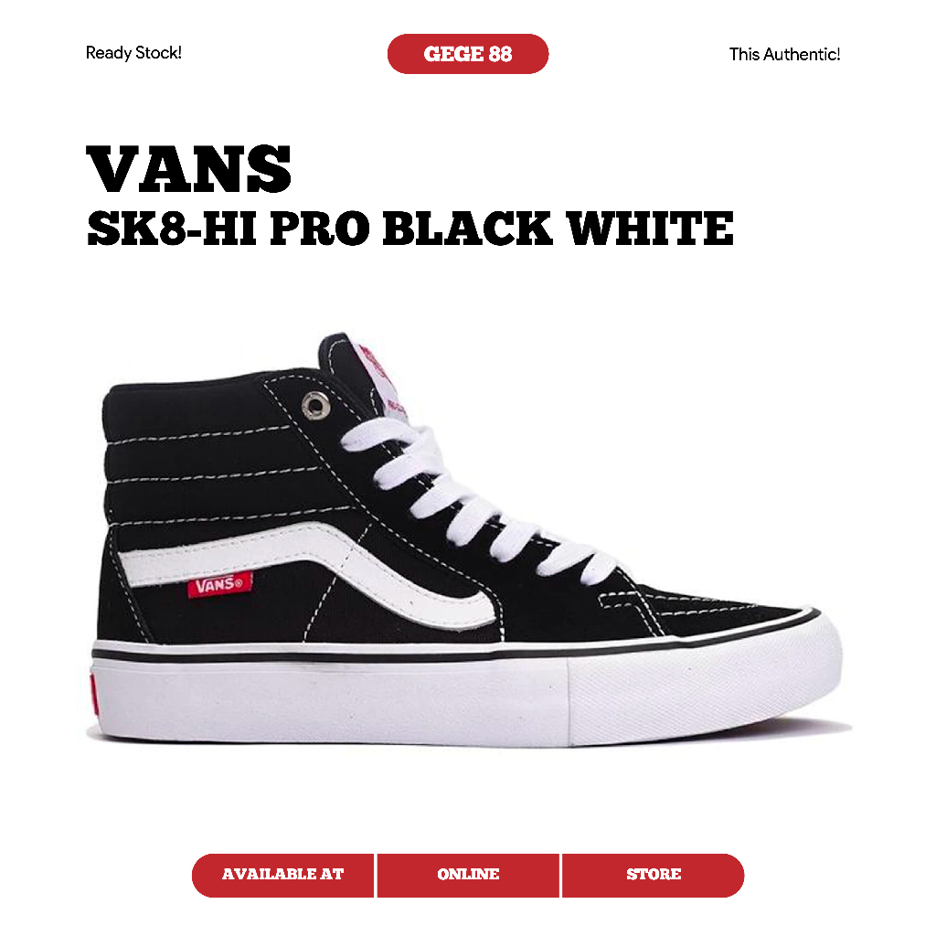 Original Vans Sk8 Hi Pro Classic Black White | Shopee Malaysia