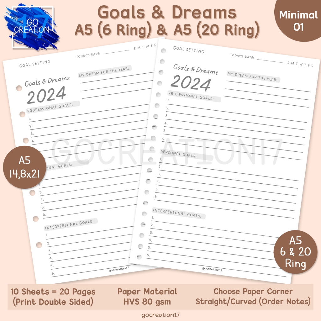 Planner Book Paper Binder Goals Dream 2024 Simple Minimalist A5 ring 20 ...