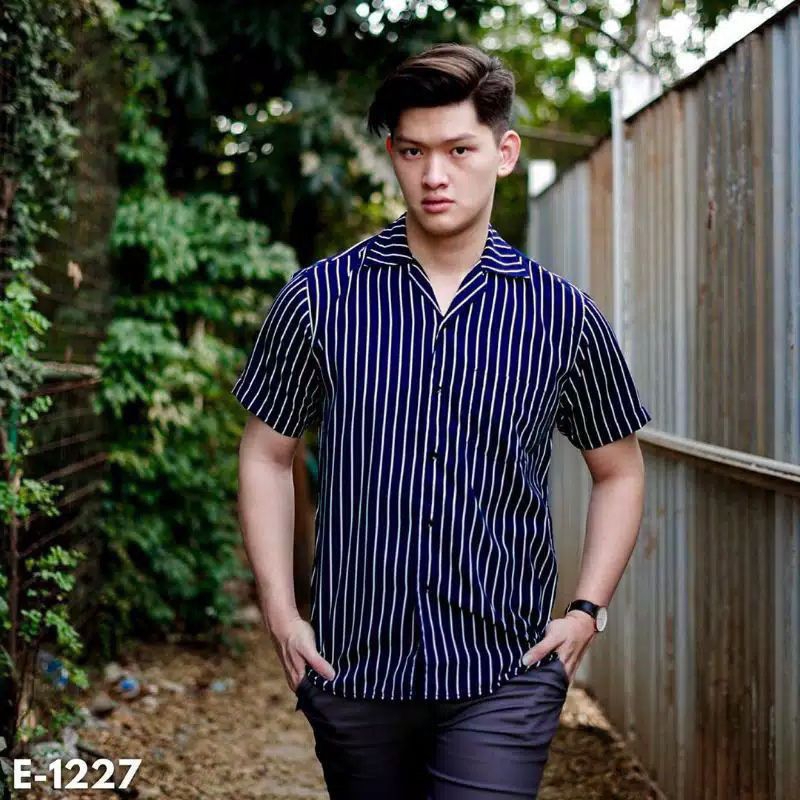 KEMEJA Strip Channel HEM | Men's Short Striped Shirt | Shopee Malaysia