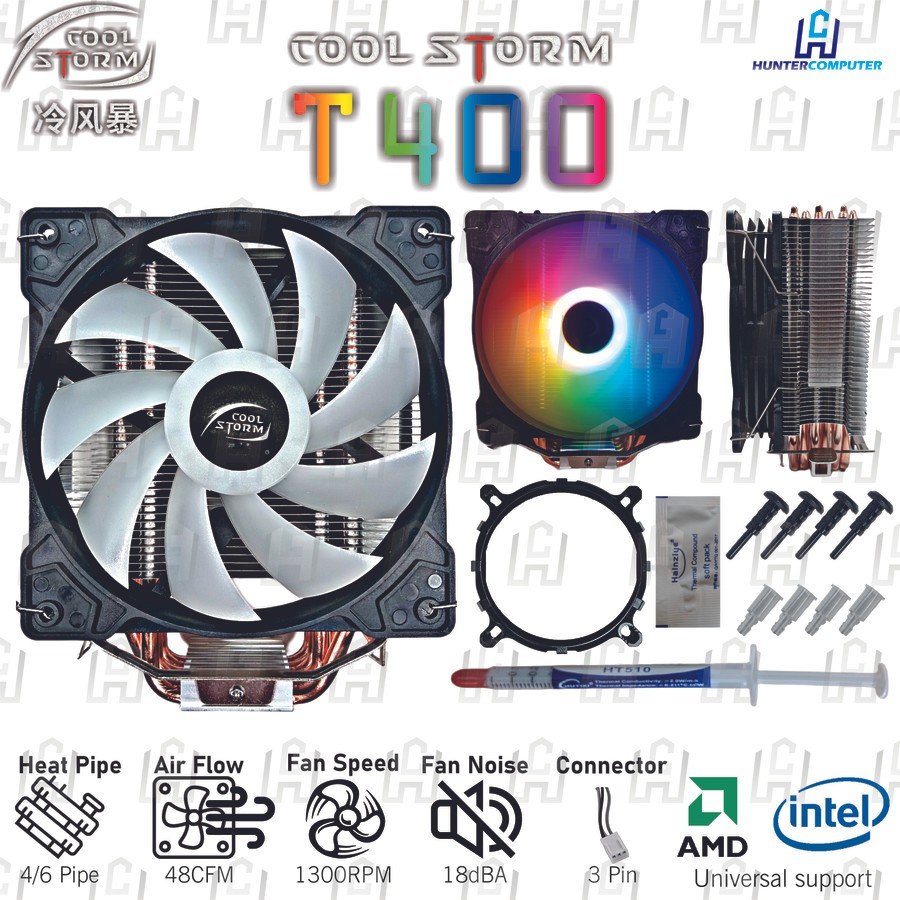 Gaming CPU COOLER RGB FAN PROC AMD INTEL CoolStorm T400 4/6 Heatpipe ...
