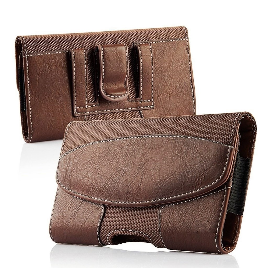 HITAM Hp leather case Waist Black Brown leather Bag horizontal Flat