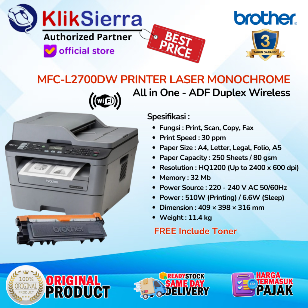 Brother MFCL2700DW Laser Mono Printer All In One Duplex Fax Wifi