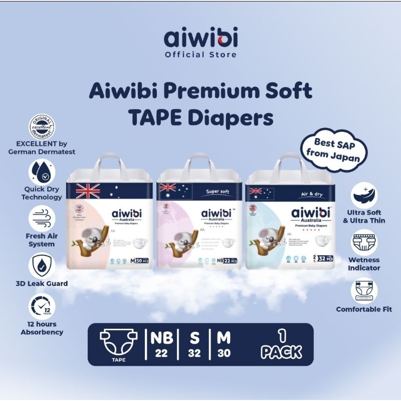 Aiwibi Premium TAPE Soft SAP NB22 S32 M30 Diapers Adhesive Baby Diapers ...