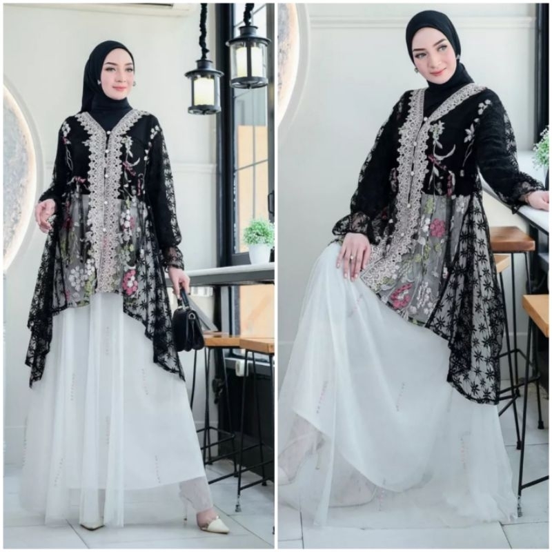 HITAM Serena Outer mix mix With Lace Collar| Tulle garden Tunic| Black ...