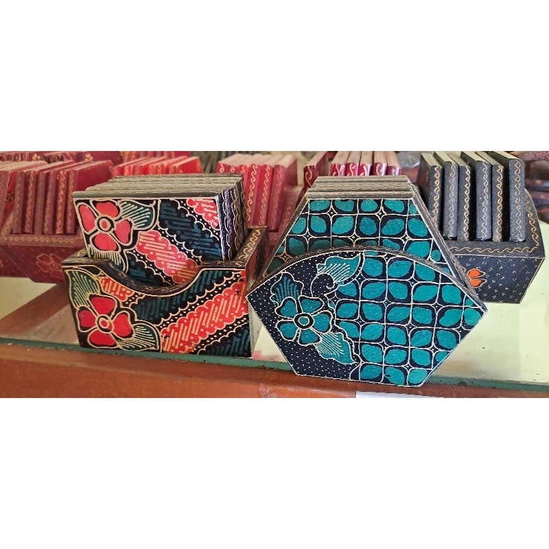 KAYU Wooden Coasters Wooden Batik Coasters Hexagon Glass Pedestal
