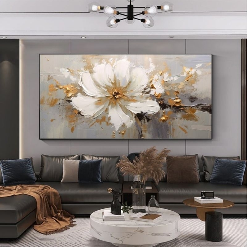 PUTIH Abstract Wall Painting White Gold Flower Texture For Living Room