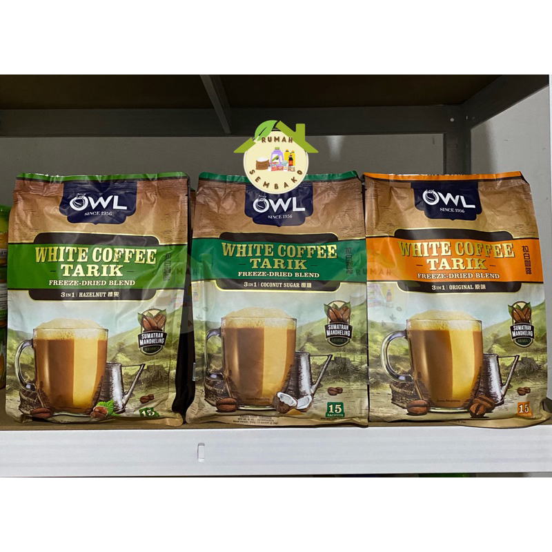 Owl White Coffee Tarik 3in1 Coconut Sugar, Hazelnut, Original Contents