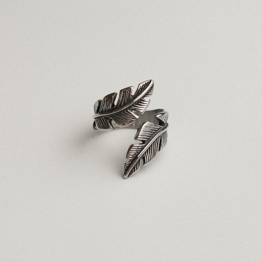 Arnaé Archive 田 Open Feather Gunmetal Ring 田 Unisex Stainless Steel ...