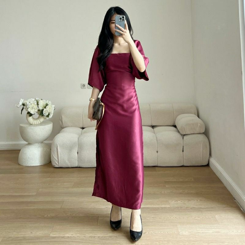 brown midi dress with sleeves Brown Cotton Bubble Sleeve Midi Dress X-Large