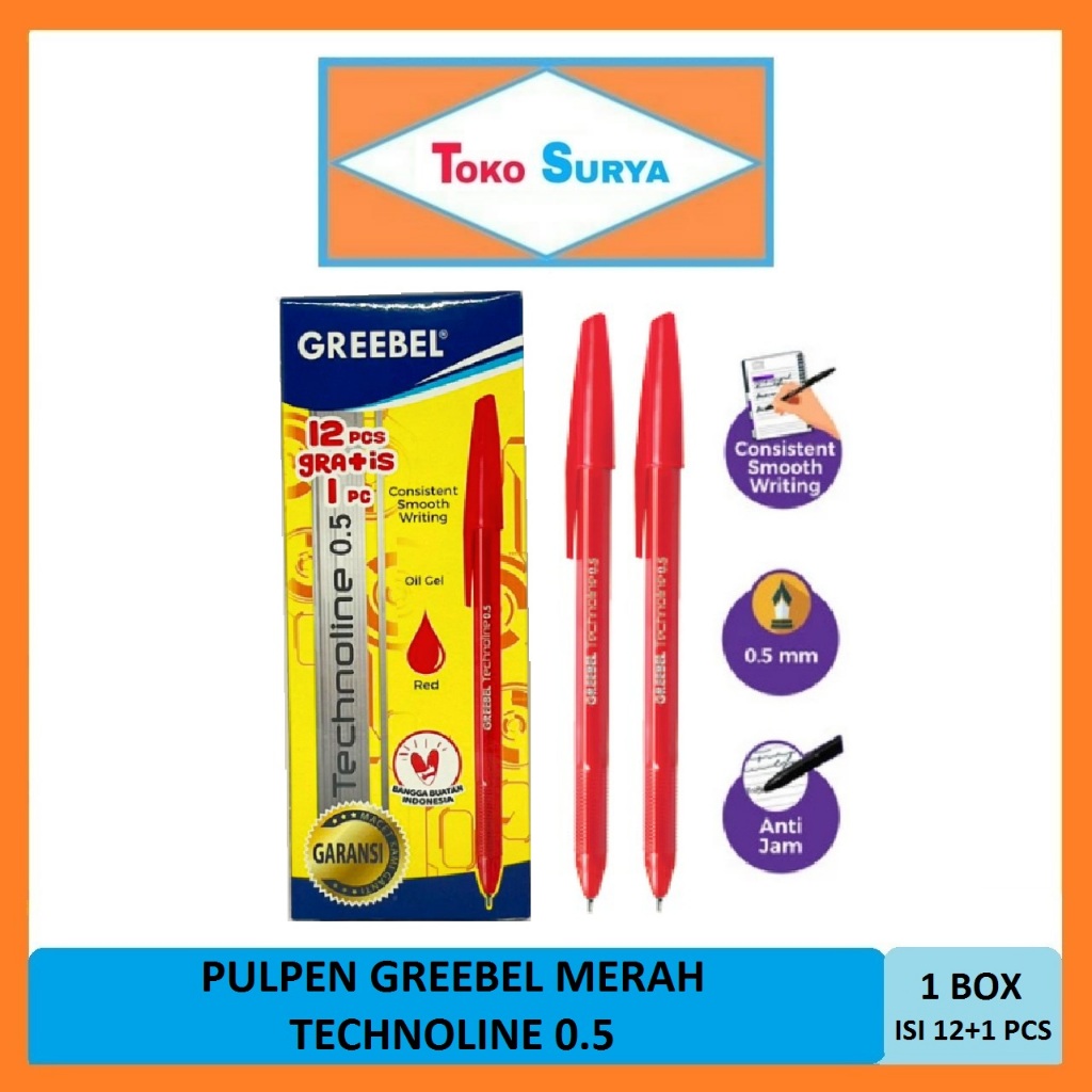MERAH Greebel Technoline 0.5 Red Pens 1 Box Contains 12+1 Pcs | Shopee ...