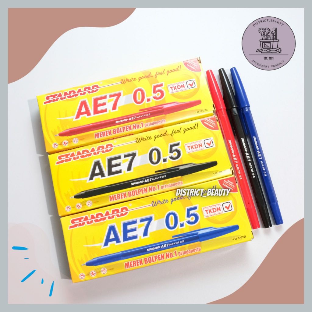 MERAH (12PCS) 1 BOX STANDARD AE7 PEN COLOR INK BLACK BLUE RED BOLPOINT ...