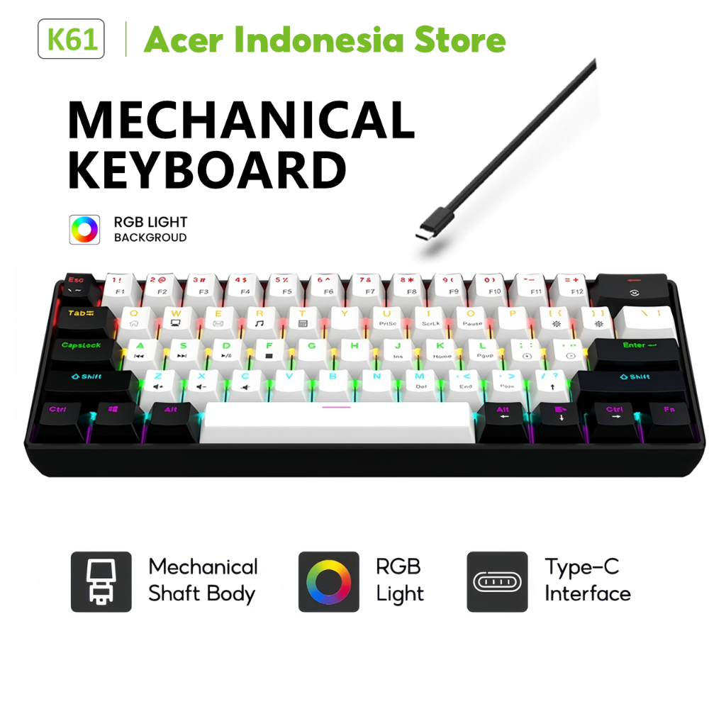 Mechanical Gaming Keyboard Wired RGB Design Light 61 Key Compact Design ...