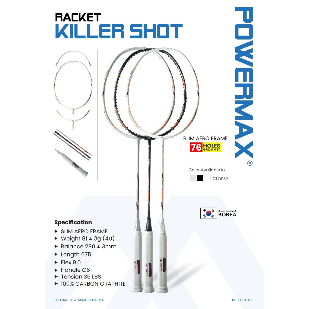POWERMAX Badminton Racket Killer Shot 4U 36 Lbs High Modulus Carbon ...