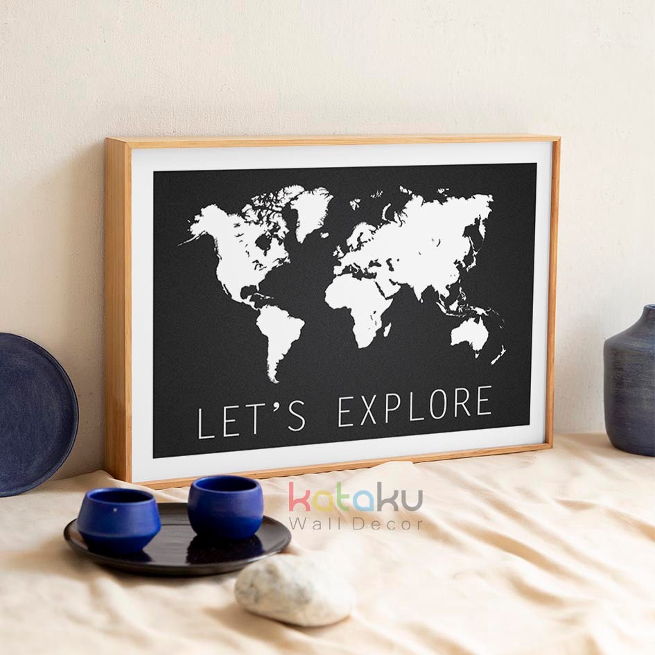 Wall Decoration World Map Wooden Poster Quotes Let's Explore World Map ...