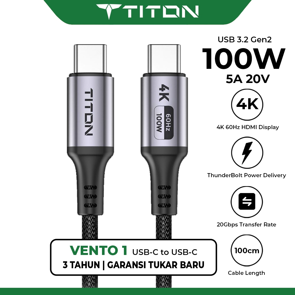 Titon Vento 1 Cable 100W 4K 60Hz 20Gbps USB 3.2 Gen2 USB-C to USB-C ...