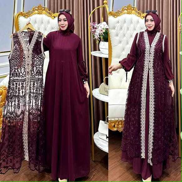 Gamis Burgundy Naura Dress Gamis Ceruty Babydoll Material Mix Brocade ...