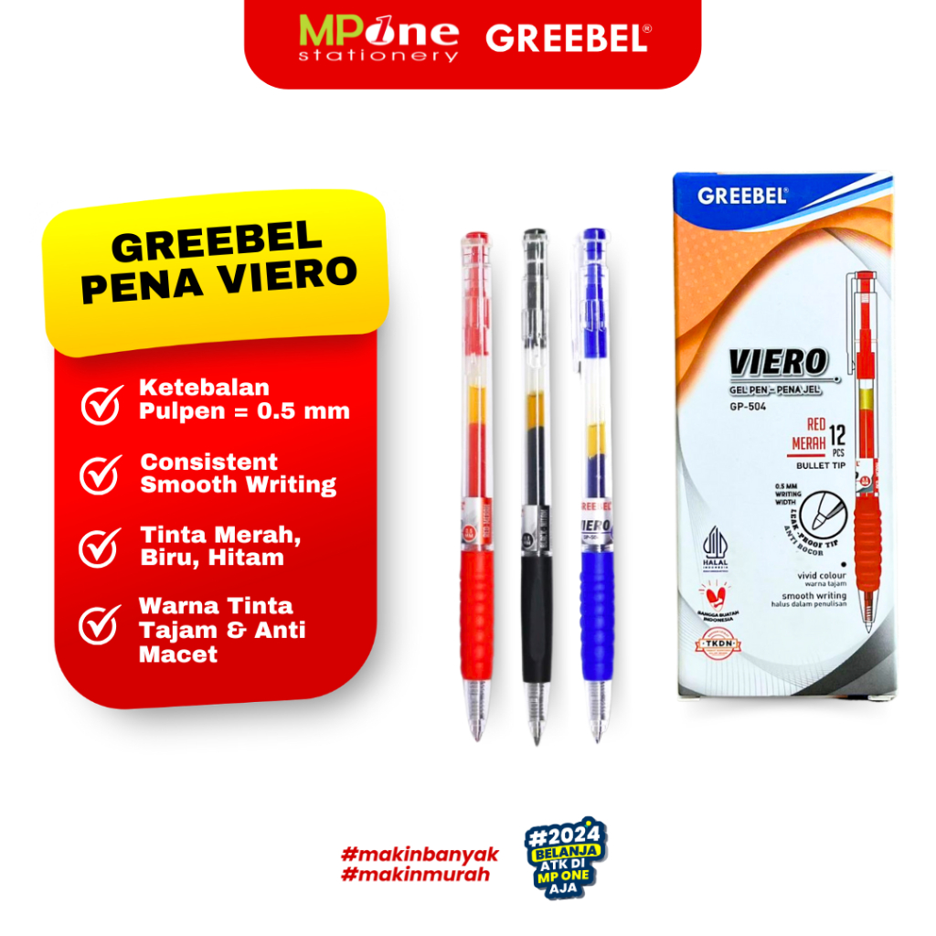 MERAH (1 BOX) Greebel Pen Viero GP-504 Shallow 0.5mm Ink Htam, Red ...