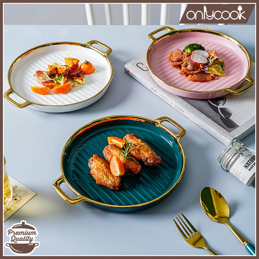 Only Cook Round Ceramic Serving Plate with Two Elegant Gold Handles ...
