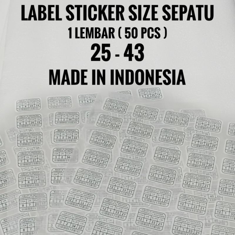Shoe size Sticker Label / shoe Barcode / Made in Indonesia / different ...