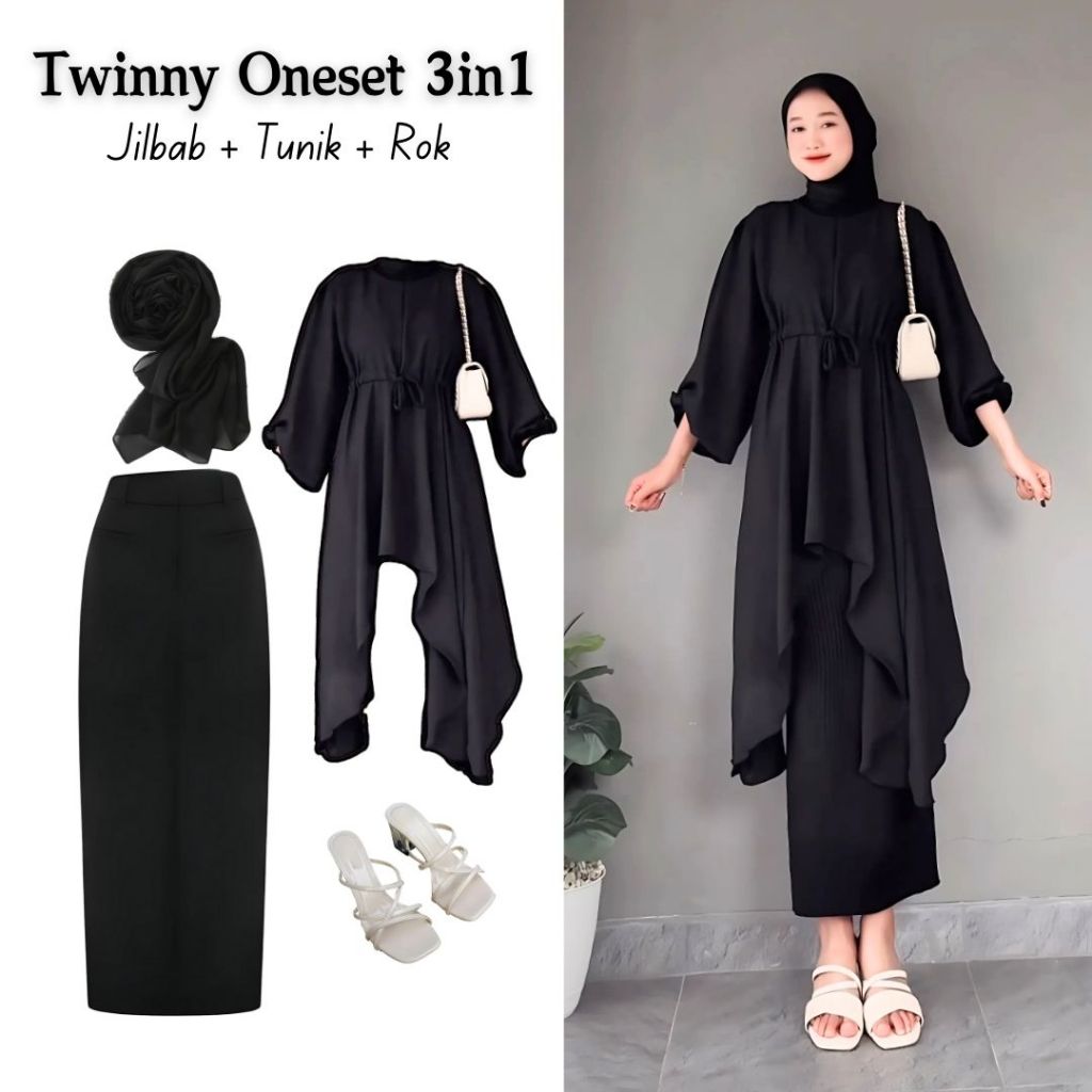 One set 3in1 long black tunic shirt black span skirt bella hijab ...