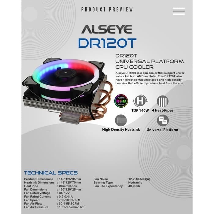 FAN PROCESSOR PROCESSOR ALSEYE RGB 4 HEAT PIPE DR120T FAN PC GAMING ...