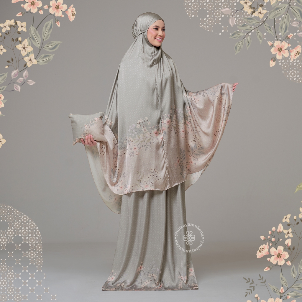 Miraya Wisteria Moss Printing Travel Prayer Robe Telekung Travel Satin ...