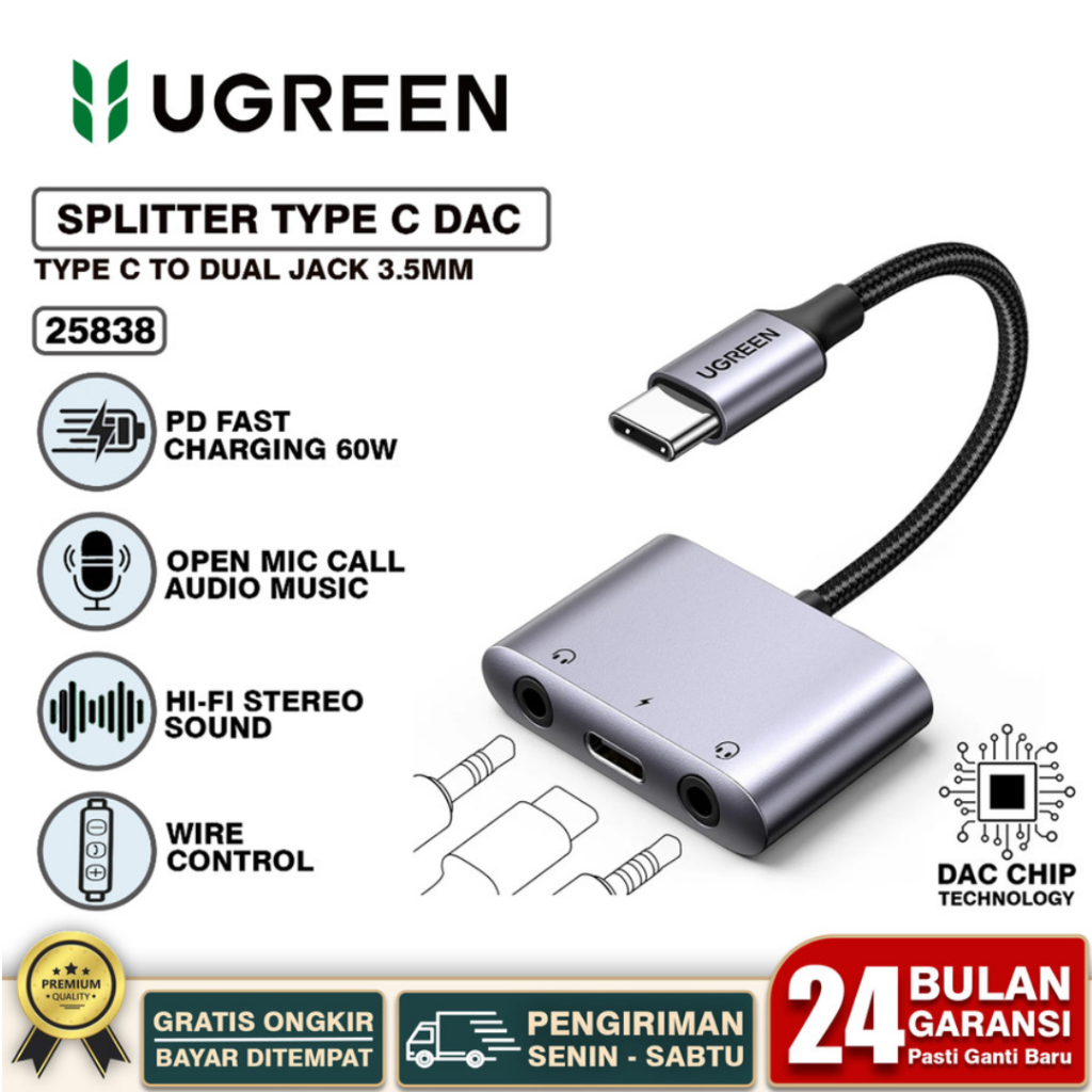 UGREEN Splitter DAC Type C To Dual Jack 3.5mm Audio Adapter 3 In 1 ...