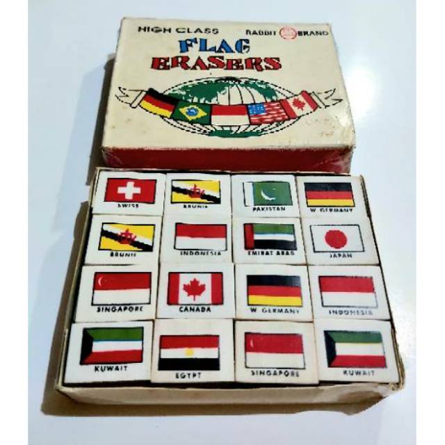 1 box = 48 pieces of old school pencil erasers with ABC flags and ...