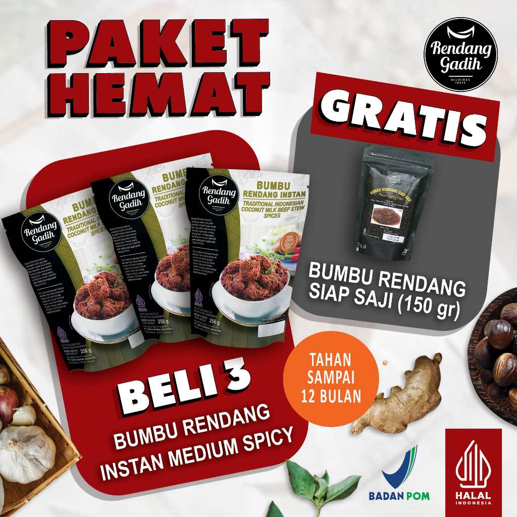 Rendang Gadih - Package of 3 pcs Medium Spicy Instant Rendang Seasoning ...