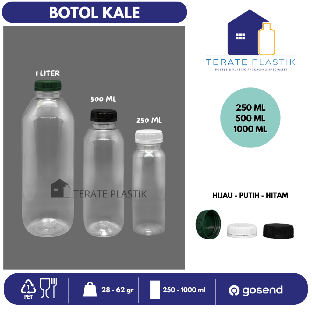 Kale Bottles 250ml, 500ml, & 1000ml/1L | Premium PET Plastic, Terate ...