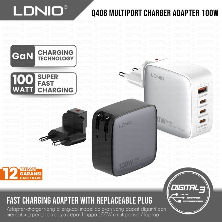 Ldnio Q408 Charger Adapter GAN Multiport 3 USB-C + 1 USB-A Fast ...