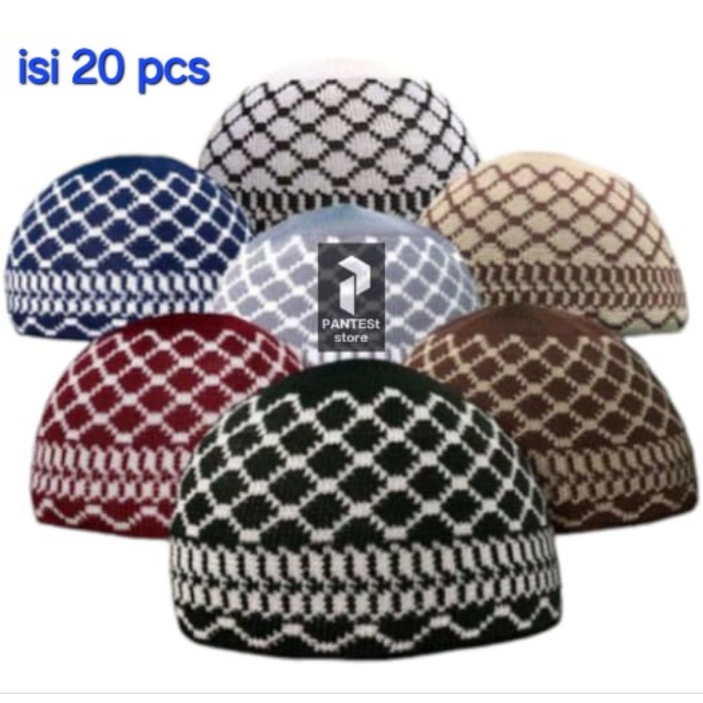 1 dozen (20 pcs) knitted kopiah lelaki cap with turban motif, elastic ...