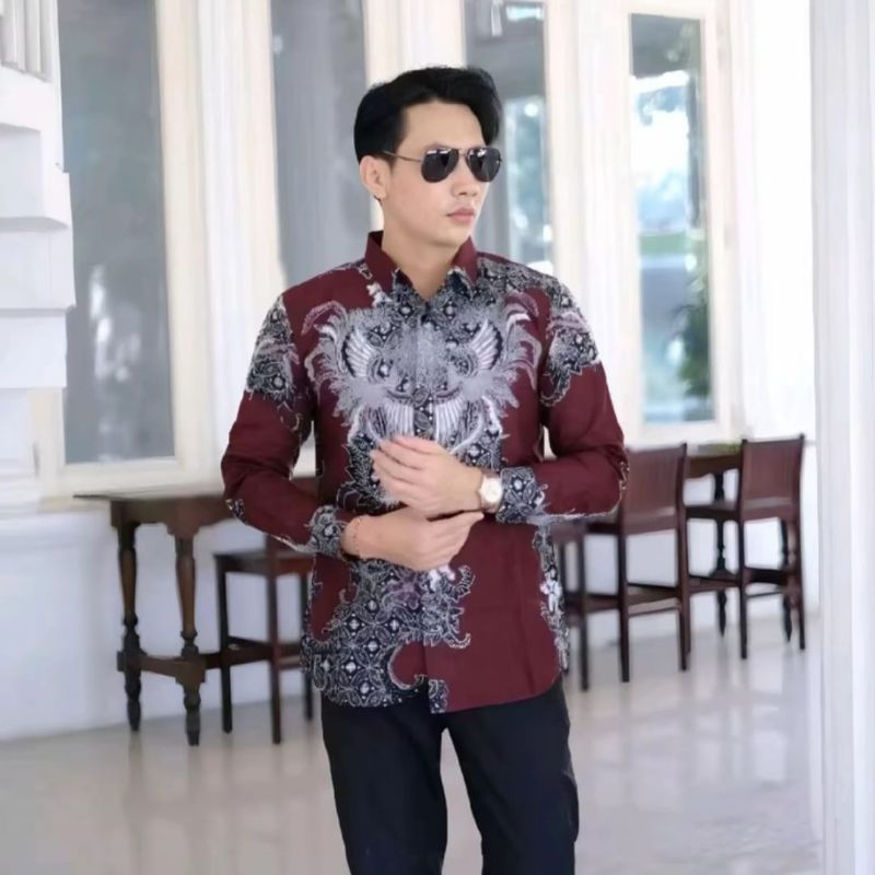 MERAH Men's Batik Lined Furing Long Sleeve Maroon KL2764 Wedding and ...