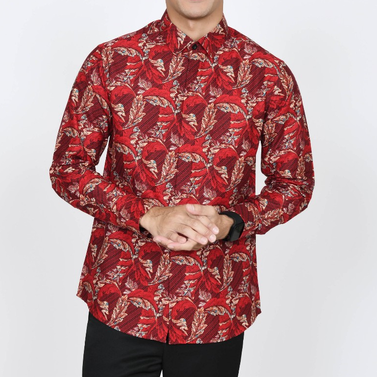 KEMEJA MERAH Men's Batik Shirt Slimfit Long Sleeve Maroon 2087 | Shopee ...